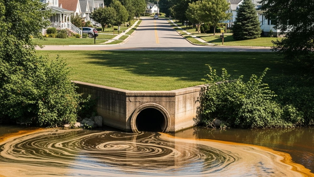 A quiet suburban street with homes and trees in the distance, while in the foreground, a slow-moving river shows discolored sediment near an industrial drainage pipe.