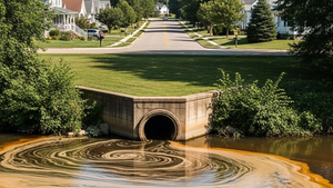 A quiet suburban street with homes and trees in the distance, while in the foreground, a slow-moving river shows discolored sediment near an industrial drainage pipe.