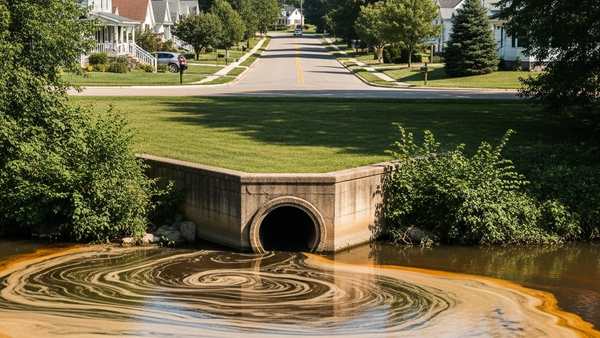 A quiet suburban street with homes and trees in the distance, while in the foreground, a slow-moving river shows discolored sediment near an industrial drainage pipe.