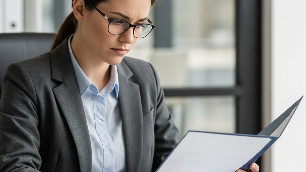 An insurance professional sitting at a desk looking concerned while reviewing a folder of documents in a professional office setting.