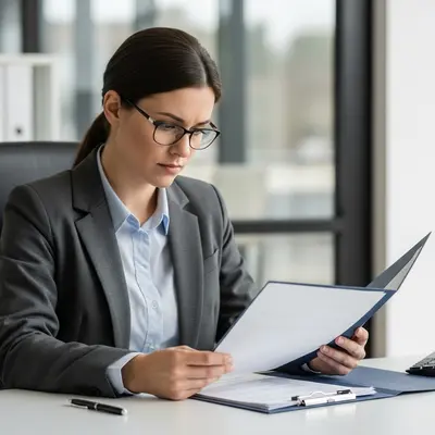 An insurance professional sitting at a desk looking concerned while reviewing a folder of documents in a professional office setting.
