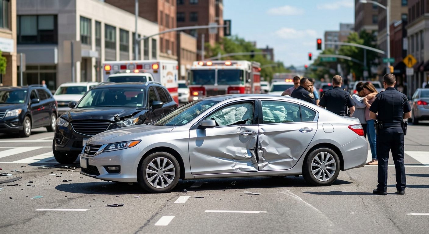 A modern silver sedan involved in a side-impact collision at a busy metropolitan intersection, with damaged door panels reflecting the midday sun.