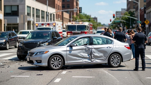 A modern silver sedan involved in a side-impact collision at a busy metropolitan intersection, with damaged door panels reflecting the midday sun.