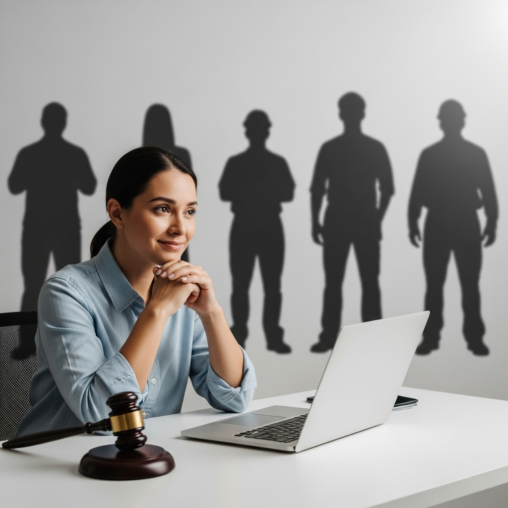 A person sitting at a modern desk with a laptop, looking at a series of blurred silhouettes representing anonymous workers, with a wooden gavel resting nearby.