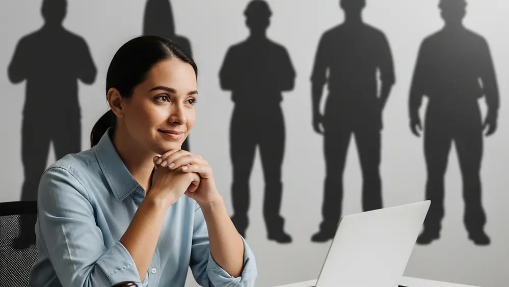 A person sitting at a modern desk with a laptop, looking at a series of blurred silhouettes representing anonymous workers, with a wooden gavel resting nearby.