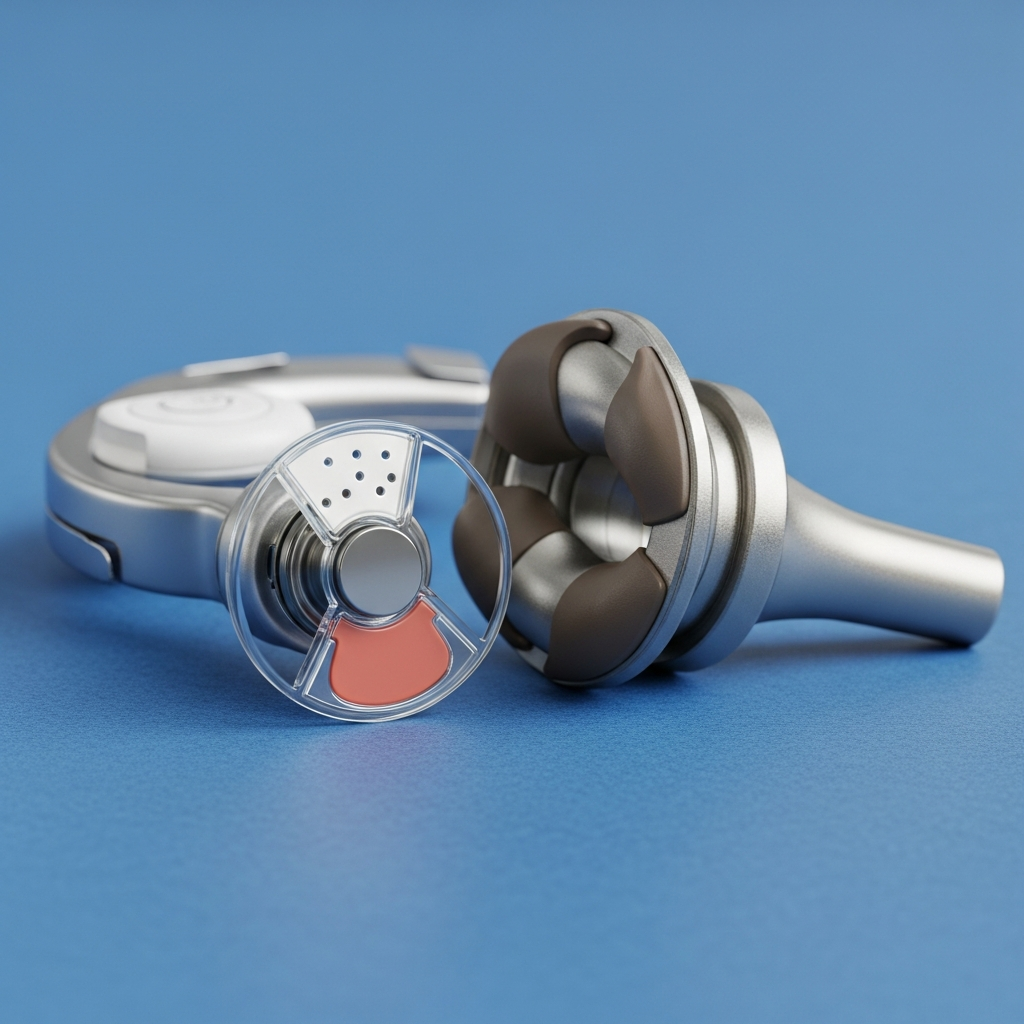 A high-quality medical illustration of a generic cardiac pacemaker and a titanium hip replacement joint resting on a sterile blue surface.