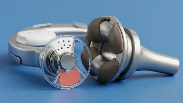 A high-quality medical illustration of a generic cardiac pacemaker and a titanium hip replacement joint resting on a sterile blue surface.