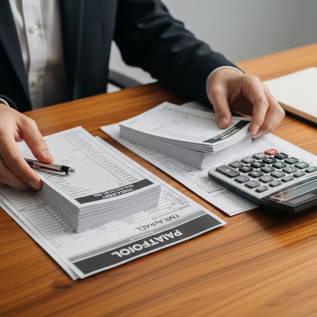 A close-up view of a person's hands diligently organizing a stack of timecards and printed payroll records on a wooden office desk next to a calculator.