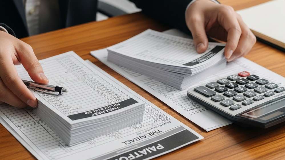 A close-up view of a person's hands diligently organizing a stack of timecards and printed payroll records on a wooden office desk next to a calculator.