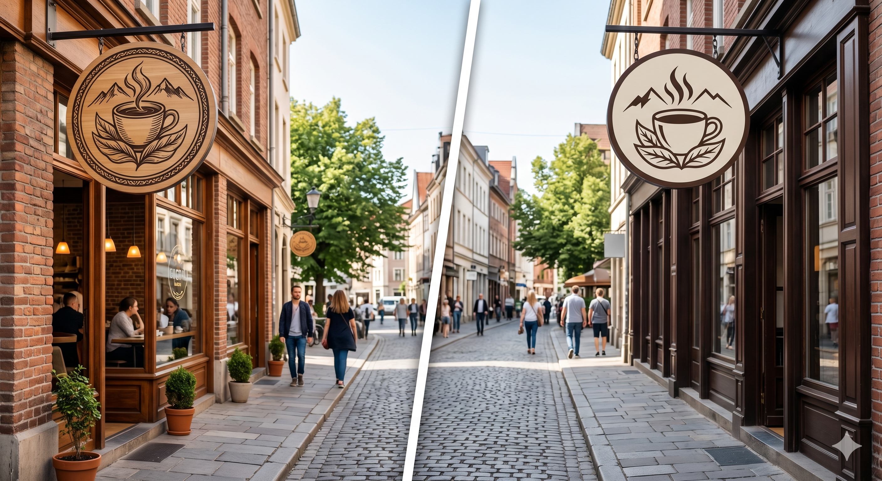 A split-screen view showing a legitimate local coffee shop logo on the left and a nearly identical but slightly altered logo on a storefront across the street, representing brand copying without any text or signs.