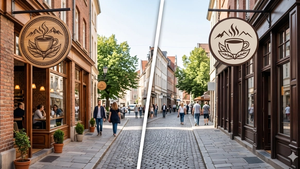 A split-screen view showing a legitimate local coffee shop logo on the left and a nearly identical but slightly altered logo on a storefront across the street, representing brand copying without any text or signs.