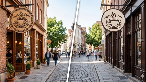 A split-screen view showing a legitimate local coffee shop logo on the left and a nearly identical but slightly altered logo on a storefront across the street, representing brand copying without any text or signs.