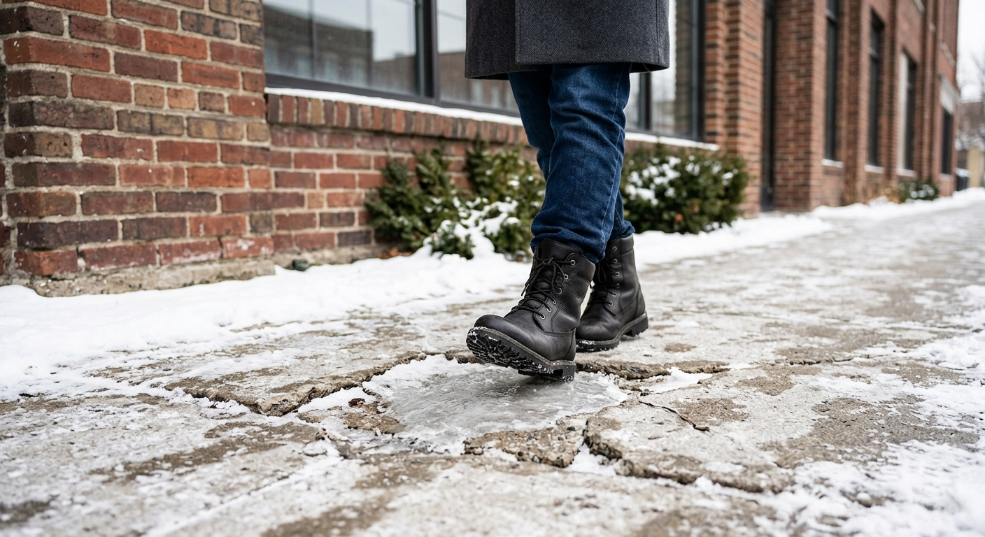 A person wearing winter boots walking on a snow-covered concrete sidewalk with visible cracks and an ice patch near a brick building.