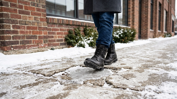 A person wearing winter boots walking on a snow-covered concrete sidewalk with visible cracks and an ice patch near a brick building.