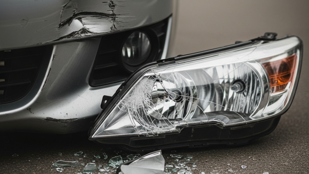 A close up view of a damaged car bumper and a shattered headlight on the pavement after a collision.