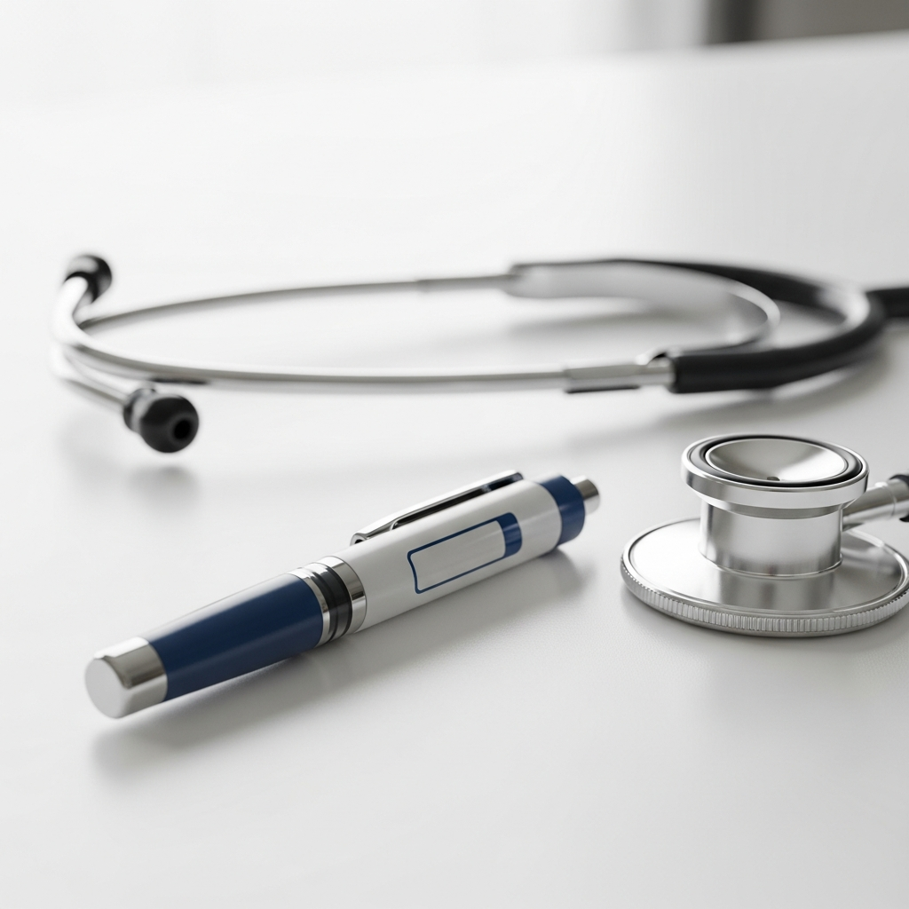An injectable medication pen sitting on a clean surface next to a stethoscope, representing pharmaceutical medical treatment.