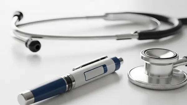 An injectable medication pen sitting on a clean surface next to a stethoscope, representing pharmaceutical medical treatment.