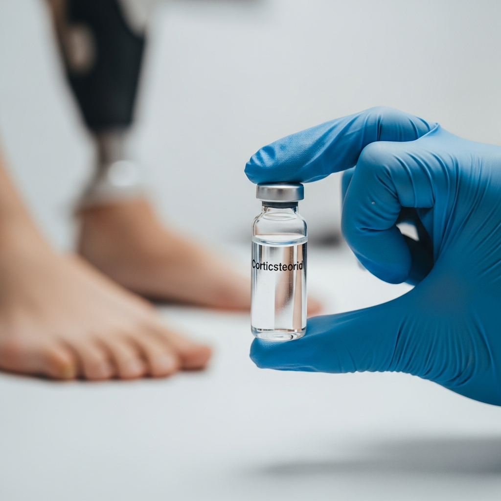 A medical professional in blue gloves holding a clear glass vial of corticosteroid solution against a sterile clinical background, with a prosthetic foot visible in the soft-focus background.