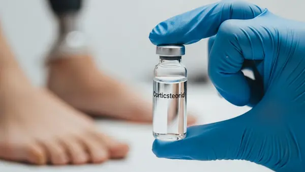 A medical professional in blue gloves holding a clear glass vial of corticosteroid solution against a sterile clinical background, with a prosthetic foot visible in the soft-focus background.