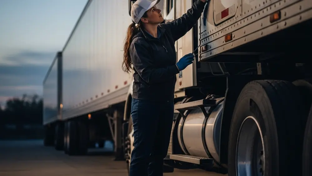 A commercial semi-truck parked in a loading dock at dusk with a driver inspecting the side of the trailer.