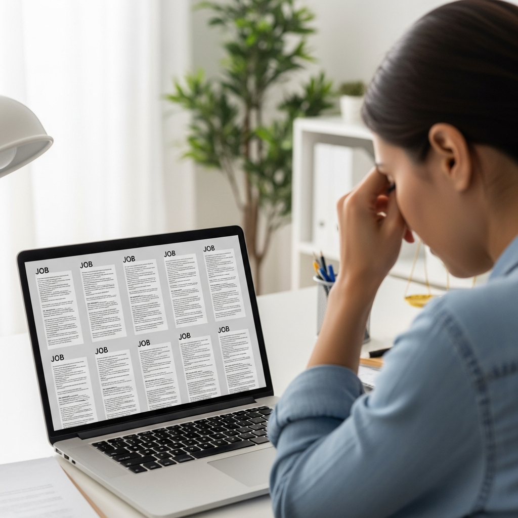 A person sitting at a desk with a laptop, looking frustrated while viewing multiple identical job listings on a computer screen in a bright home office.