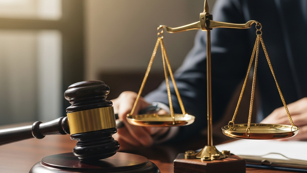 A wooden gavel resting on a desk next to a scale of justice, symbolizing the weight of legal decisions.
