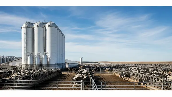 A wide-angle shot of a large industrial dairy farm facility featuring several white storage silos and fenced cattle pens under a clear blue sky.