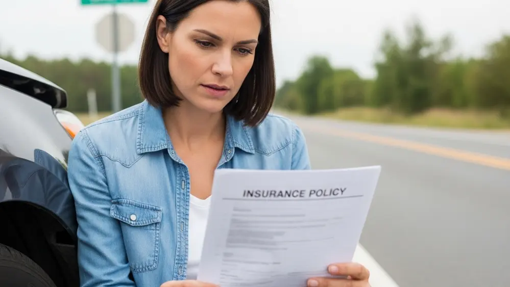 An injured person reviewing an insurance policy next to a damaged vehicle to determine UM/UIM coverage eligibility.