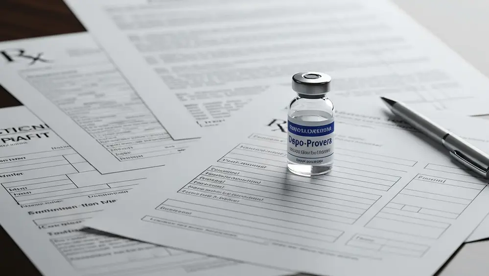 Image of medical documents and a Depo-Provera injection vial, symbolizing a legal investigation into drug side effects.