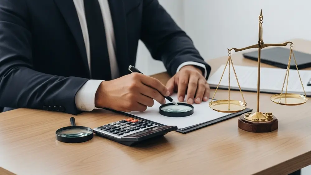 A professional tax consultant sitting at a desk with a calculator and a magnifying glass next to a scale of justice on a wooden table.