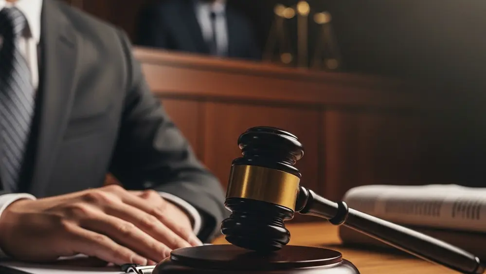 A close-up view of a gavels resting on a wooden table in a dimly lit courtroom setting.