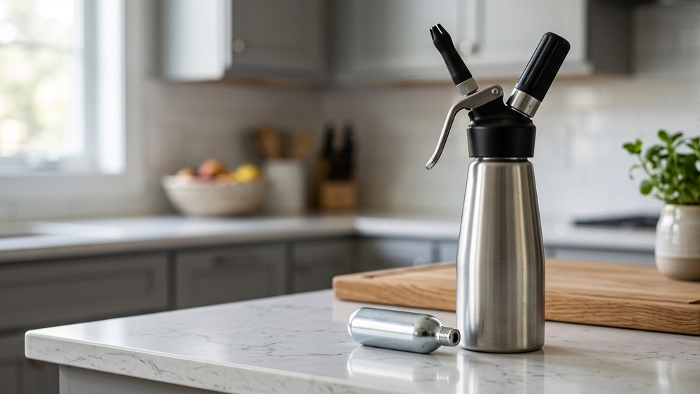 A small silver nitrous oxide canister sitting on a kitchen counter next to a metal whipped cream dispenser with soft natural lighting.