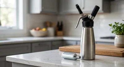 A small silver nitrous oxide canister sitting on a kitchen counter next to a metal whipped cream dispenser with soft natural lighting.