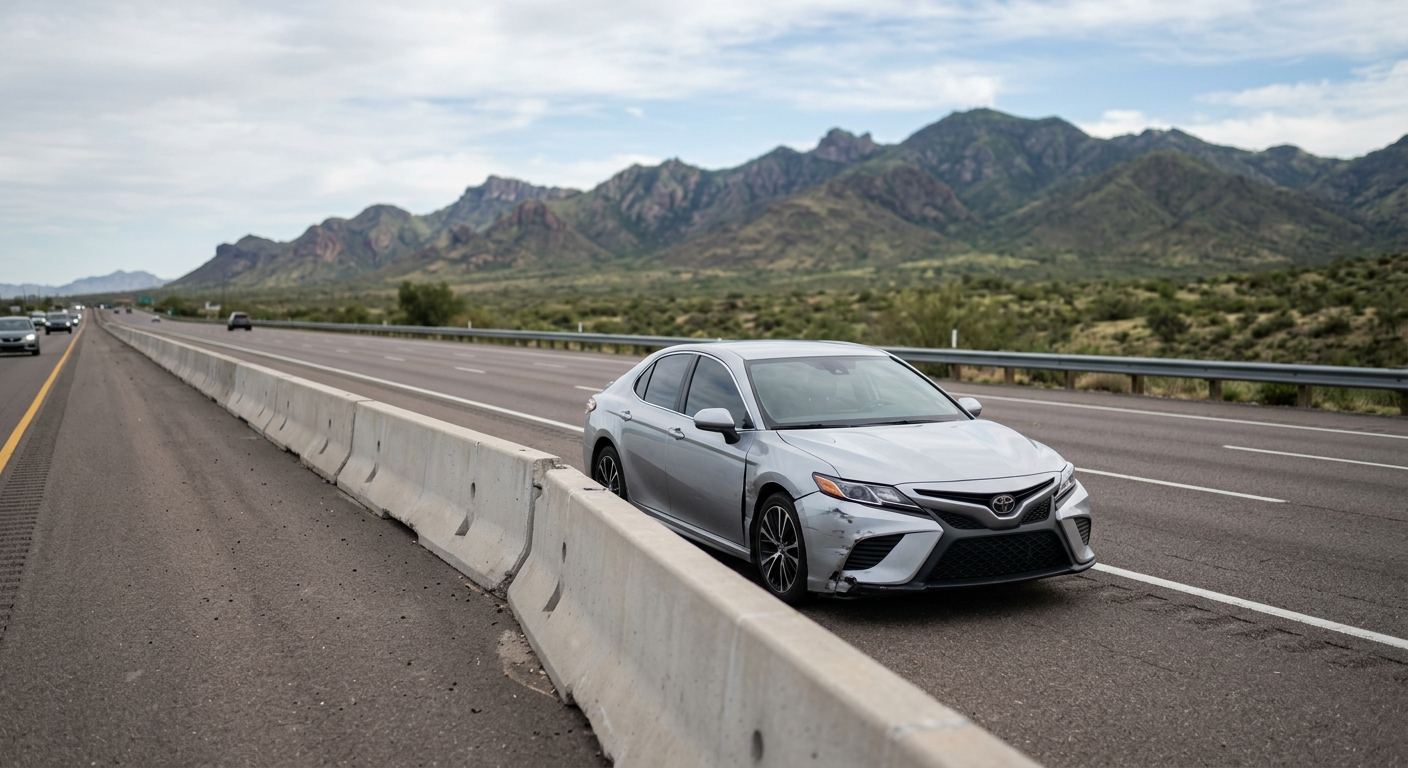 A view of a modern silver sedan on a highway shoulder next to a traffic divider with mountains in the background, symbolizing a roadside accident scene.