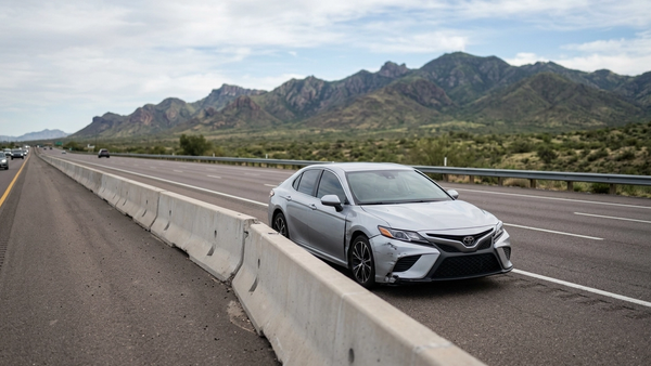 A view of a modern silver sedan on a highway shoulder next to a traffic divider with mountains in the background, symbolizing a roadside accident scene.