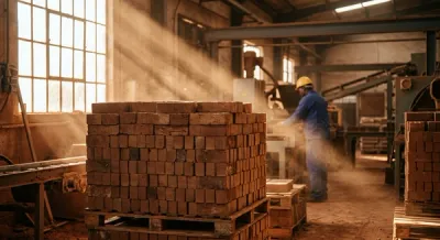 A stack of clay bricks in an industrial factory setting with visible dust particles floating in beams of sunlight.
