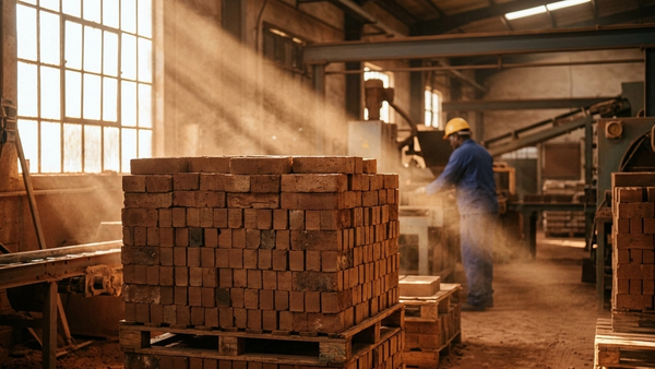 A stack of clay bricks in an industrial factory setting with visible dust particles floating in beams of sunlight.