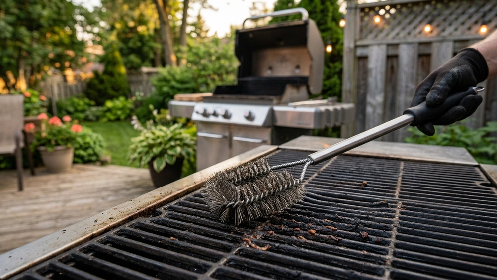 a stainless steel Expert Grill brush with wire bristles on a barbecue grate in a backyard setting without any text or logos