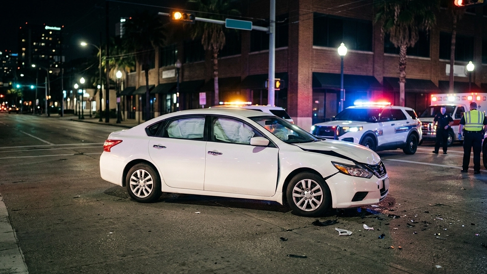 A white sedan with a crushed front bumper and a deployed airbag sits alone on a dark Houston street corner at night, surrounded by emergency response vehicles.