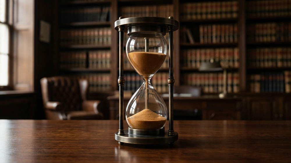 A large hourglass sitting on a polished wooden table in a dimly lit office with blurred bookshelves in the background.