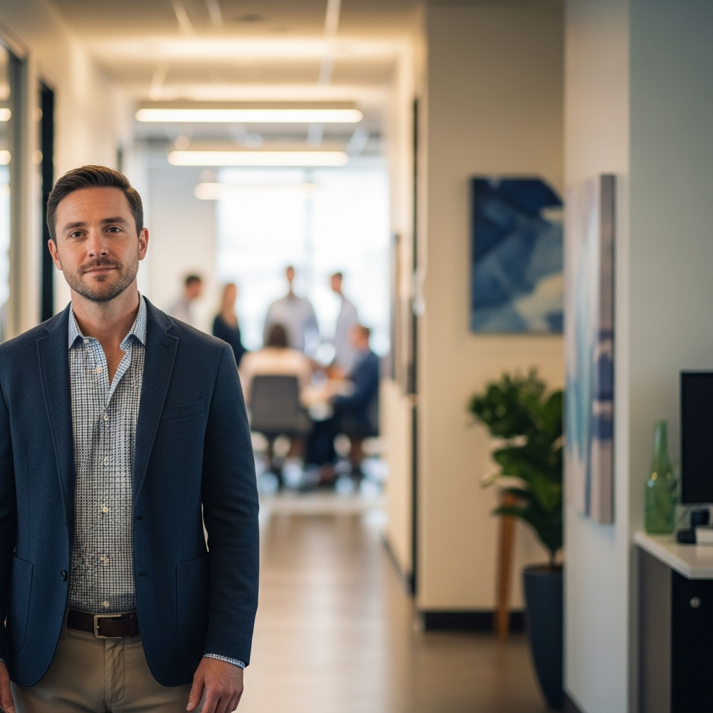 A professional man in business casual attire standing alone in a modern office hallway while a group of blurred coworkers gathers in the distance.