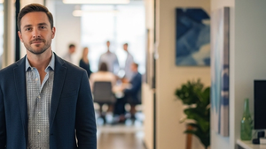 A professional man in business casual attire standing alone in a modern office hallway while a group of blurred coworkers gathers in the distance.