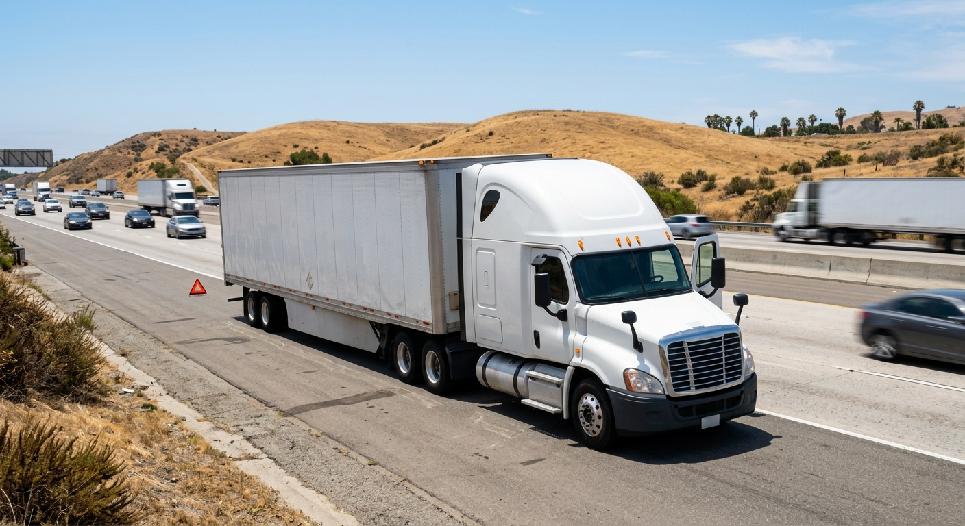 A large disabled white semi-truck parked on the shoulder of a high-speed multi-lane Southern California freeway during the day.