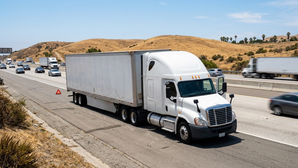 A large disabled white semi-truck parked on the shoulder of a high-speed multi-lane Southern California freeway during the day.