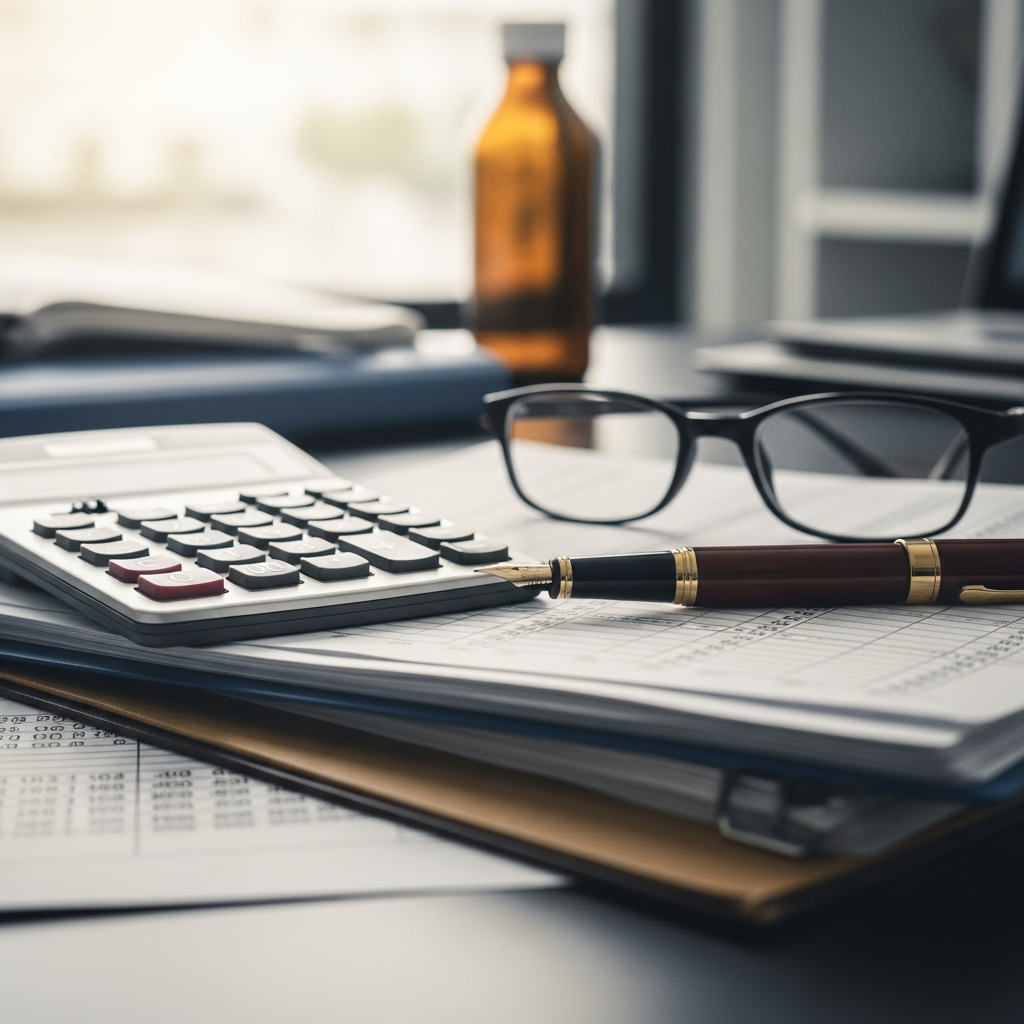 A professional office setting with a calculator, a pair of glasses, and a fountain pen resting on a stack of financial ledgers and blurred folders.