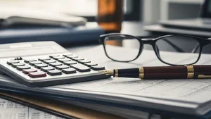 A professional office setting with a calculator, a pair of glasses, and a fountain pen resting on a stack of financial ledgers and blurred folders.