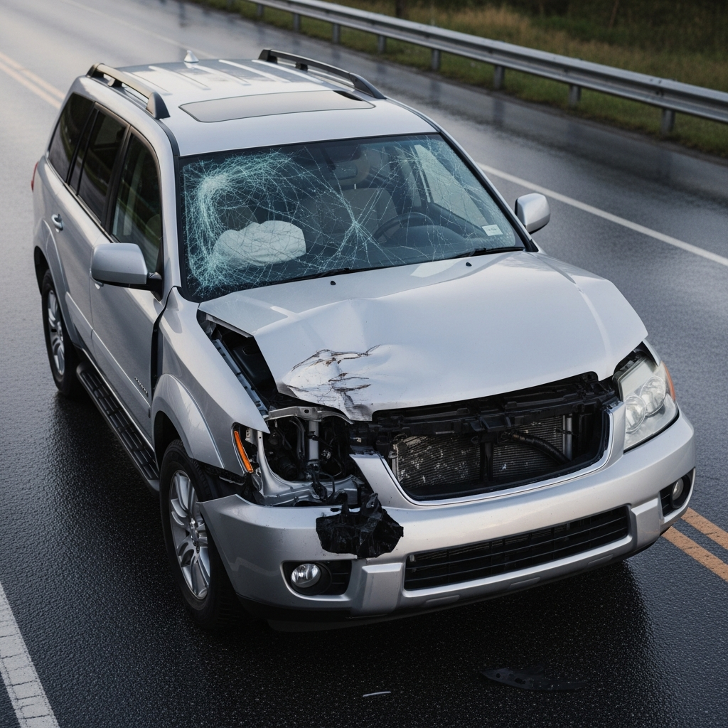 A silver SUV with a deployed airbag and shattered windshield on a wet asphalt road, showing extensive front-end impact damage.