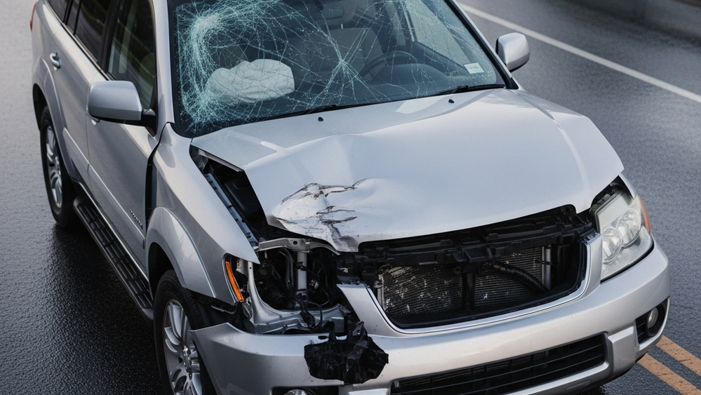 A silver SUV with a deployed airbag and shattered windshield on a wet asphalt road, showing extensive front-end impact damage.