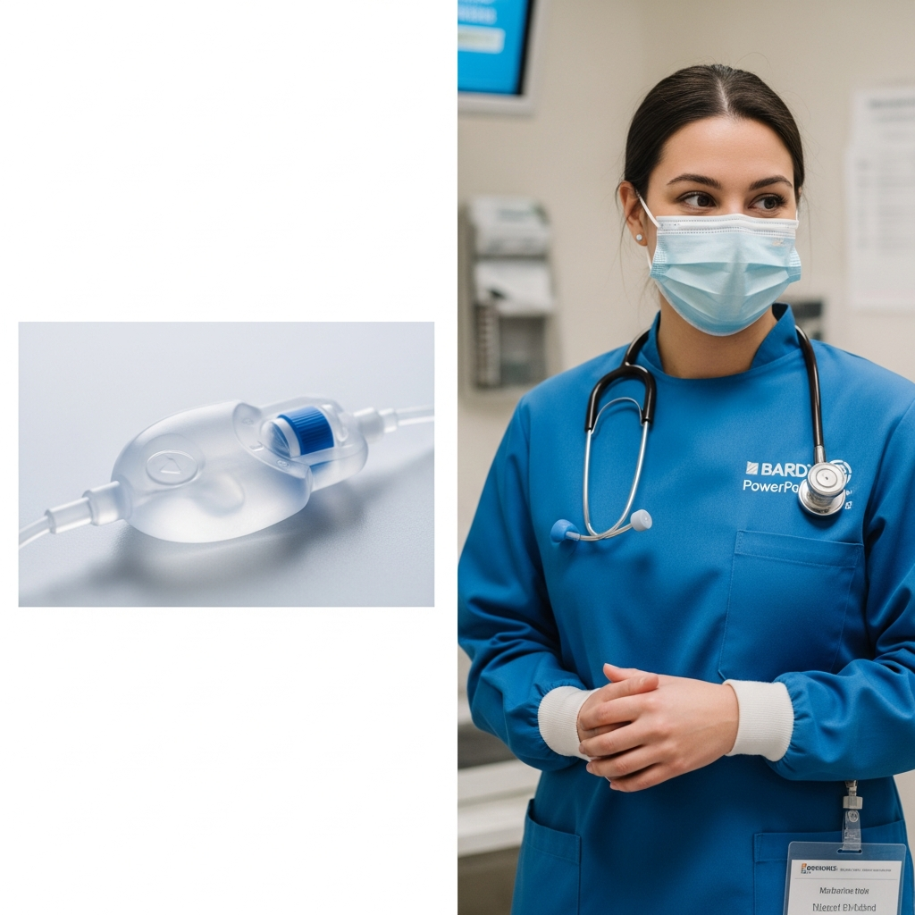 A medical port catheter device made of clear polyurethane sitting on a clean clinical surface, representing a Bard PowerPort