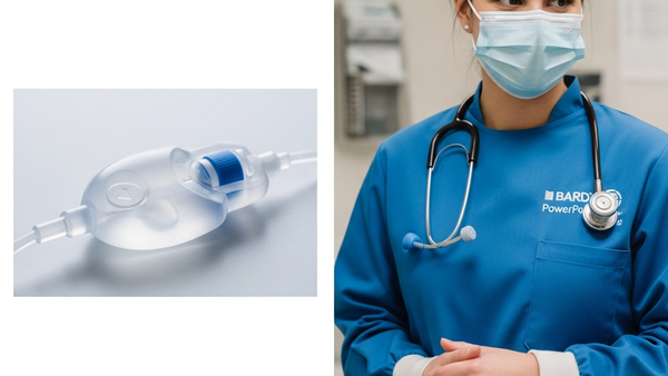A medical port catheter device made of clear polyurethane sitting on a clean clinical surface, representing a Bard PowerPort